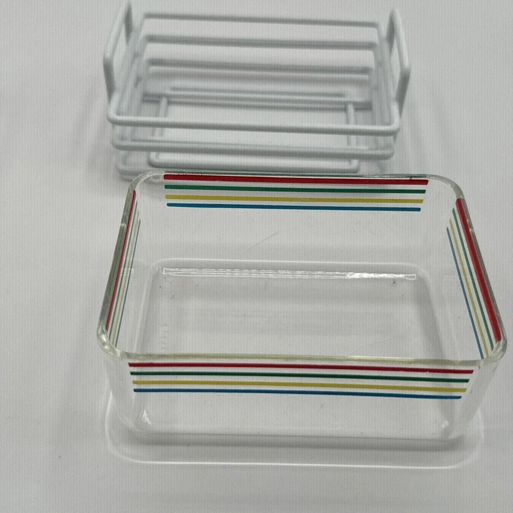 Vintage 80s Case Buffet Ware Acrylic Serving Trays Striped Color Napkins Set